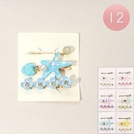 12 SET OF 3 - Starfish Heart Pearl Flower Accent Hair Clip Set