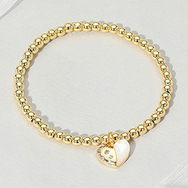 Stainless Steel Mother Of Pearl Heart Charm Beaded Stretch Bracelet