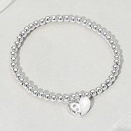 Stainless Steel Mother Of Pearl Heart Charm Beaded Stretch Bracelet
