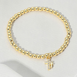 Stainless Steel Rhinestone Paved Double Cross Charm Beaded Stretch Bracelet