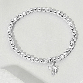 Stainless Steel Rhinestone Paved Double Cross Charm Beaded Stretch Bracelet