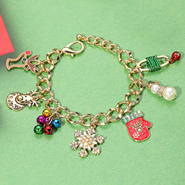 Pearl Snowman Snowflake Christmas Mitten Rudolph Charm Bracelet