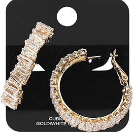 Gold Dipped Full Baguette CZ Stone Around Evening Hoop Earrings