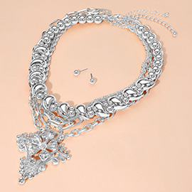 3PCS - Bold Rhinestone Embellished Flower Pendant Chunky Chain Layered Necklaces