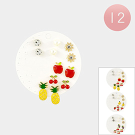 12 SET OF 6 - Enamel Fruit Flower Pearl Stone Stud Earring Set
