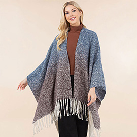 Open Front Fringe Trim Ombre Ruana Poncho
