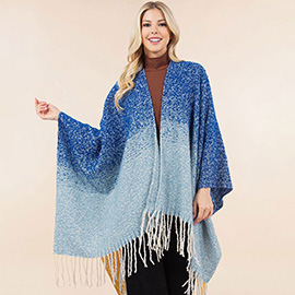 Open Front Fringe Trim Ombre Ruana Poncho
