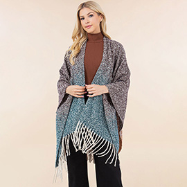 Open Front Fringe Trim Ombre Ruana Poncho