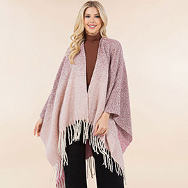 Open Front Fringe Trim Ombre Ruana Poncho