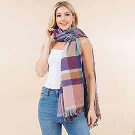 Oversized Frayed Edge Soft Weave Plaid Scarf