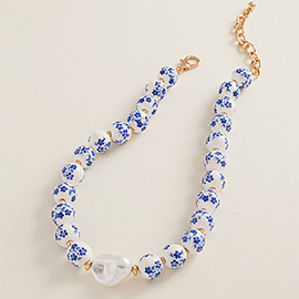 Pearl Accent Floral Ceramic Ball Beaded Necklace