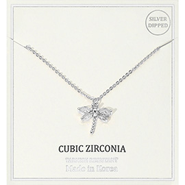 Silver Dipped CZ Stone Dragonfly Pendant Necklace