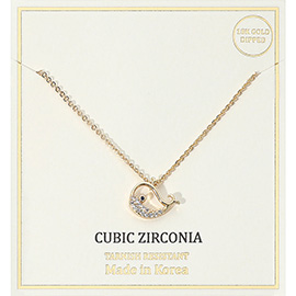 18K Gold Dipped CZ Stone Paved Whale Pendant Necklace