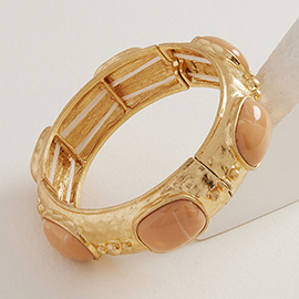 Marbled Oval Stone Accent Boho Hammered Metal Stretch Bracelet