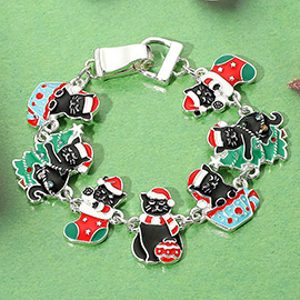 Enamel Christmas Black Cat Link Magnetic Bracelet