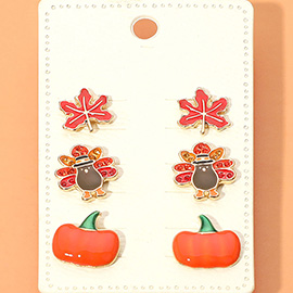 3Pairs - Thanksgiving Turkey Autumn Leaf Pumpkin Stud Earring Set