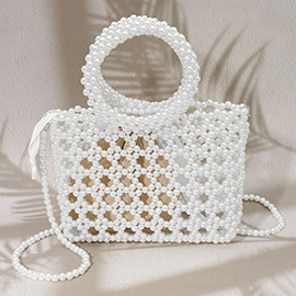 Elegant Pearl Beaded Round Handle Lattice Handbag / Crossbody Bag