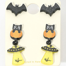 3Pairs - Halloween Themed Bat Black Cat UFO Stud Earring Set