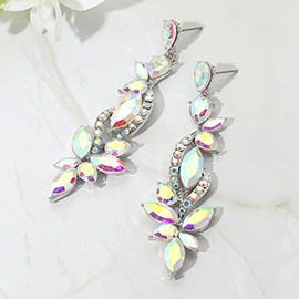 Elegant Floral Stone Cluster Long Drop Evening Earrings
