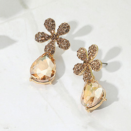 Rhinestone Paved Flower Accent Teardrop Dangle Evening Earrings