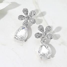 Rhinestone Paved Flower Accent Teardrop Dangle Evening Earrings