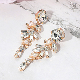 Pearl Accented Flower Stone Cluster Drop Evening Earrings