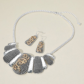 Two Tone Textured Metal Plate Beaded Statement Necklace