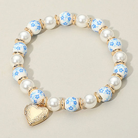 SECRET BOX_Heart Locket Charm Floral Ceramic Ball Pearl Beaded Stretch Bracelet