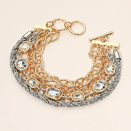 Faceted Oval Rectangular Stone Cluster Link Accent Chunky Metal Chain Layered Bracelet