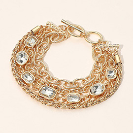 Faceted Oval Rectangular Stone Cluster Link Accent Chunky Metal Chain Layered Bracelet