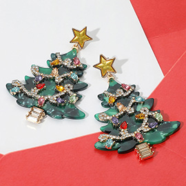 Rhinestone Embellished Resin Christmas Tree Dangle Earrings