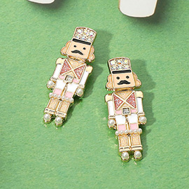 Pearl Accent Enamel Holiday Nutcracker Soldier Earrings