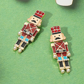 Pearl Accent Enamel Holiday Nutcracker Soldier Earrings