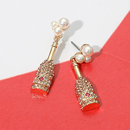 Pearl Accent Rhinestone Embellished Champagne Bottle Dangle Earrings