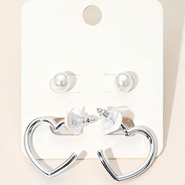 2Pairs - Pearl Stud Metal Heart Hoop Earring Set