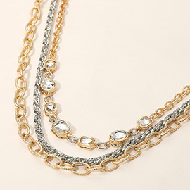 Faceted Oval Rectangular Stone Cluster Link Accent Chunky Metal Chain Layered Necklace