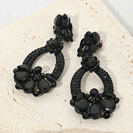 Teardrop Glass Stone Accent Rhinestone Embellished Open Oval Dangle Evening Clip On Earrings