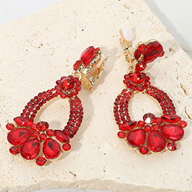 Teardrop Glass Stone Accent Rhinestone Embellished Open Oval Dangle Evening Clip On Earrings