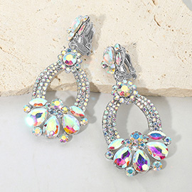 Teardrop Glass Stone Accent Rhinestone Embellished Open Oval Dangle Evening Clip On Earrings