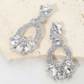 Teardrop Glass Stone Accent Rhinestone Embellished Open Oval Dangle Evening Clip On Earrings