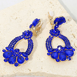 Teardrop Glass Stone Accent Rhinestone Embellished Open Oval Dangle Evening Clip On Earrings
