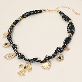 Boho Cross Heart Religious Charm Fabric Braided Necklace
