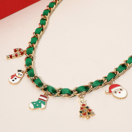 Enamel Christmas Themed Charm Station Ribbon Strap Braided Necklace