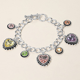 Heart Round Stone Charm Station Toggle Bracelet