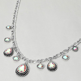 Teardrop Round Stone Cluster Pendant Station Necklace
