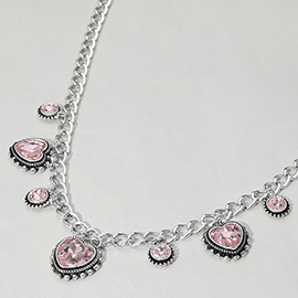 Heart Round Stone Cluster Pendant Station Necklace