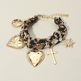 Metal Heart Cross PEarl Paved Starbusrt Medal Charm Station Leopard Printed Fabric Chain Bracelet
