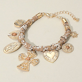 Chunky Religious Cross Heart Charm Station Fabric Chain Bracelet