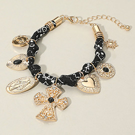 Chunky Religious Cross Heart Charm Station Fabric Chain Bracelet