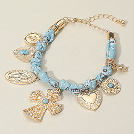 Chunky Religious Cross Heart Charm Station Fabric Chain Bracelet